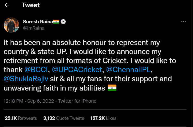 सुरेश रैना का रिटायरमेंट से पहले ट्वीट 