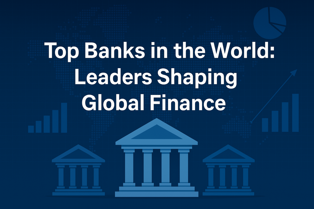 World map and financial icons representing top global banks with charts and data visualization on a blue background.